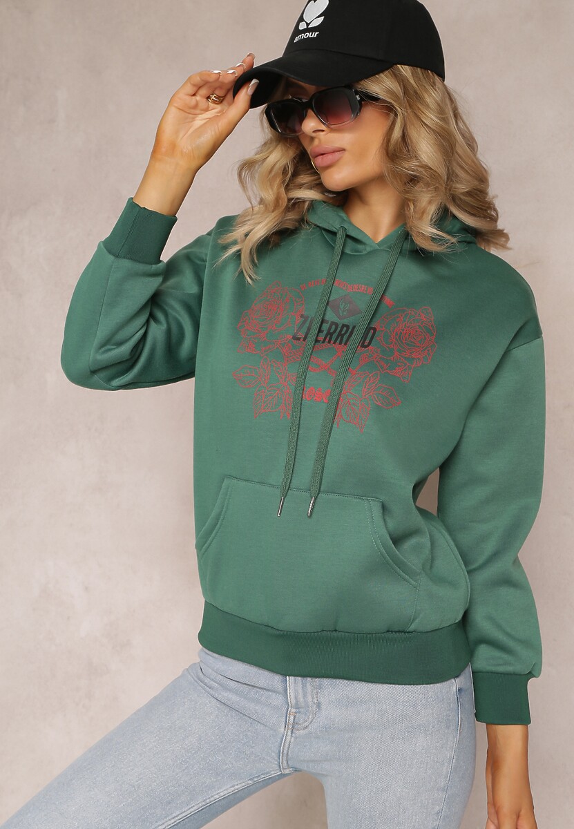 Zielona Modna Bluza z Nadrukiem i Kapturem Ozdobiona Nadrukiem Arinalu