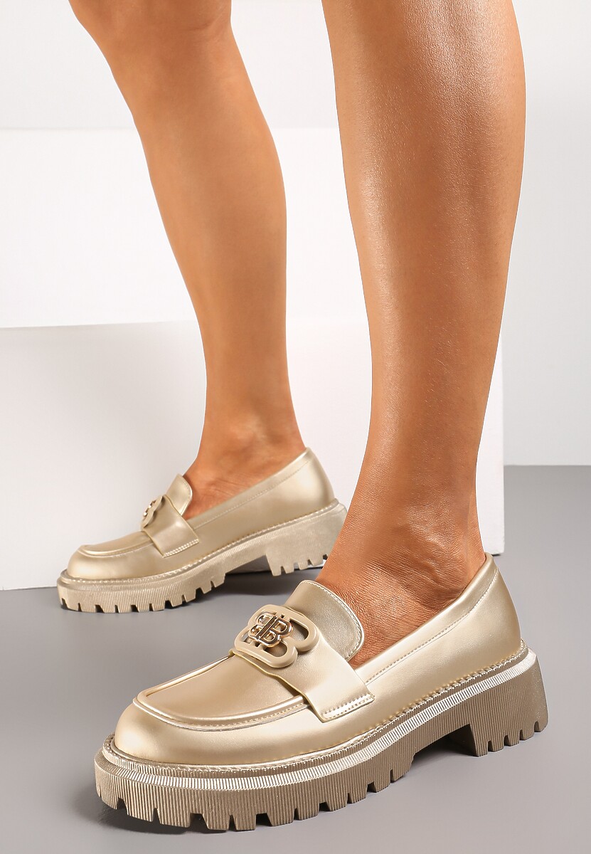 Złote Mokasyny z Literkami na Klamerce Nalastra