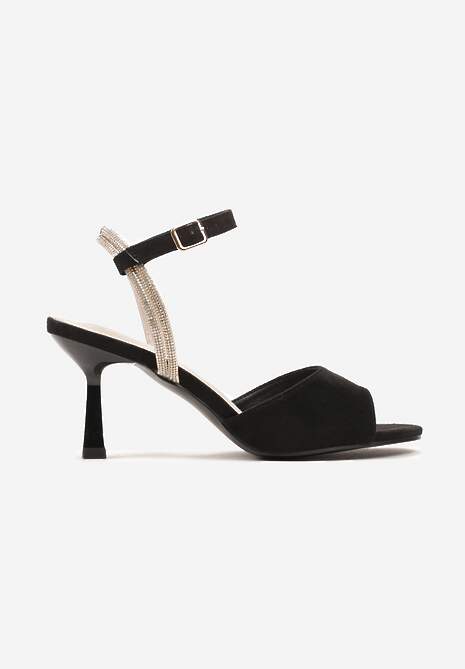 Czarne Sandały na Szpilce ze Skórzaną Wkładką Paskiem z Cyrkoniami Nijana