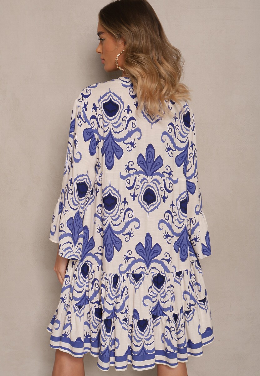 Niebieska Rozkloszowana Sukienka z Wiskozy Zdobiona Etnicznym Printem Pasiretia