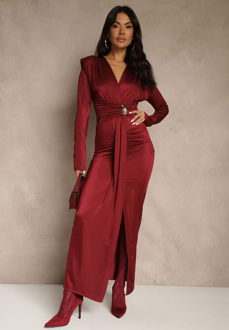 Bordowa Koktajlowa Sukienka z Rozcięciem na Nogę Zdobiona Trenem Atirga
