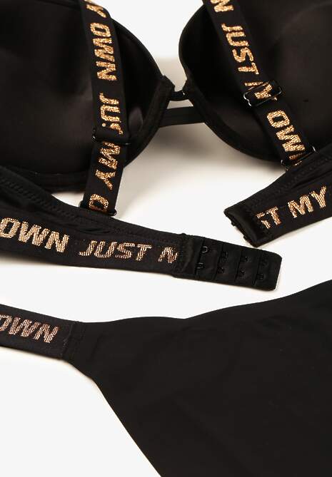 Czarny Komplet Ozdobiony Napisami z Biustonoszem z Efektem Push-Up i Majtkami Bralicia