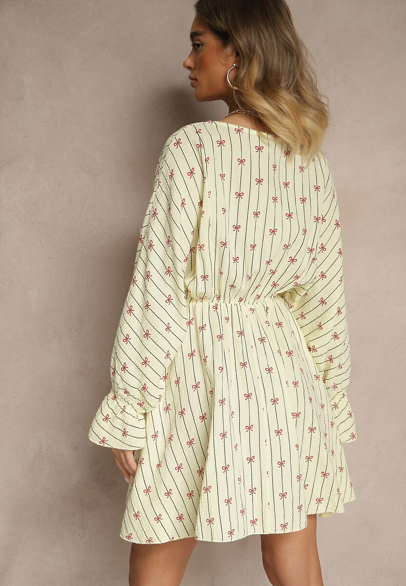 Żółta Sukienka z Bawełny ze Wzorem Kokardek i Pasków Avelriti