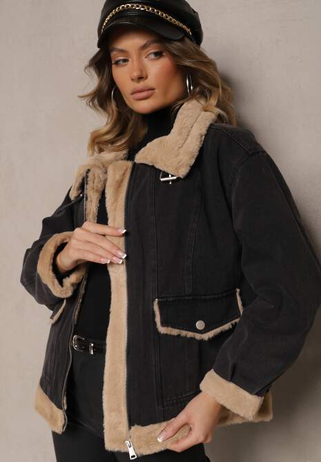 Ciemnoszara Jeansowa Kurtka z Bawełną i Futerkiem Ozdobiona Paskiem przy Kołnierzu Senalira