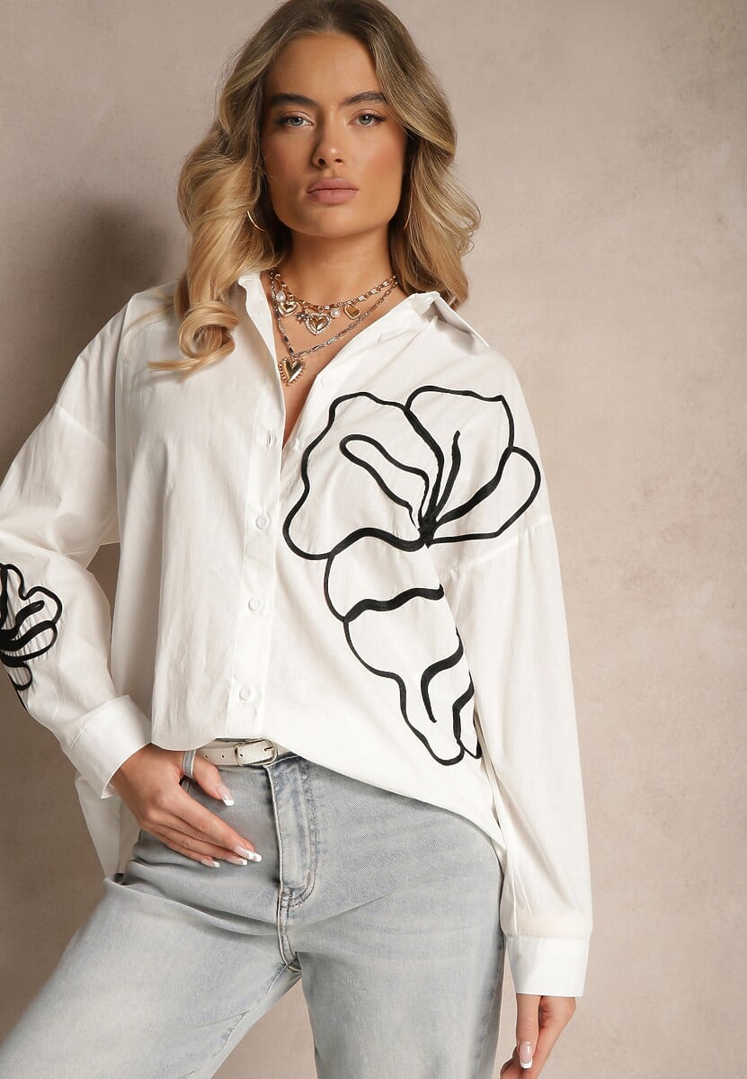 Biała Koszula z Bawełny z Ozdobną Aplikacją z Kwiatami Frolreia