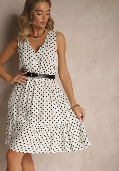 Biała Rozkloszowana Sukienka z Bawełną i Wiskozą ze Wzorem Kropek Lilamora