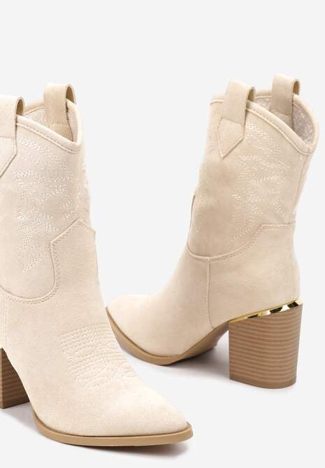 Beżowe Ażurowe Botki na Słupku w Kowbojskim Stylu Mevith