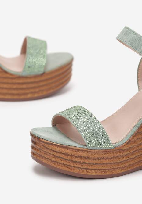 Zielone Sandały na Platformie i Koturnie z Cyrkoniami na Paskach Lenixa