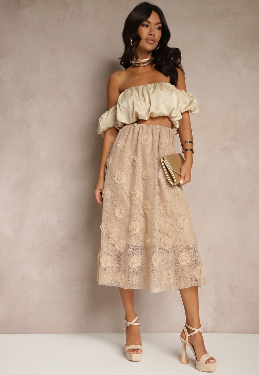 Beżowa Tłoczona Spódnica o Rozkloszowanym Kroju z Gumką w Pasie Folunetta