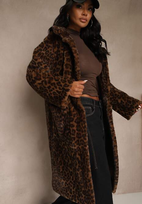 Brązowy Panterkowy Płaszcz Futerko o Jednorzędowym Kroju Otirela