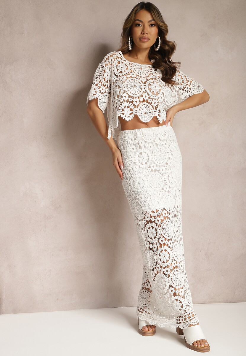Biały Bawełniany Komplet Boho z Ażurowymi Wycięciami Spódnica Maxi i Bluzka Belrina