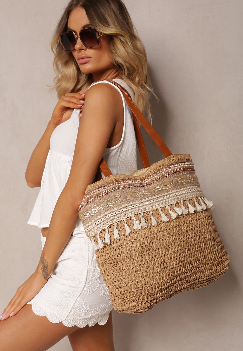 Brązowa Jednokomorowa Duża Torebka w Stylu Boho Ozdobiona Frędzlami Rivanete