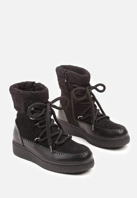 Czarne Śniegowce Zdobione Futrem i Przeszyciami Genilea