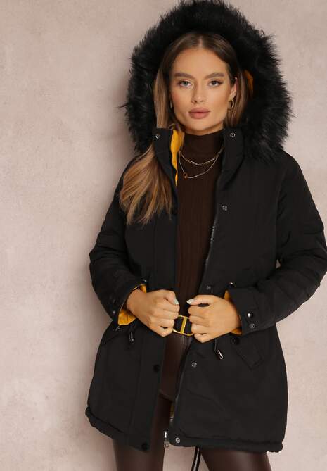 Czarno-Żółta Kurtka Dwustronna Pikowana z Kapturem z Futerkiem Armenia
