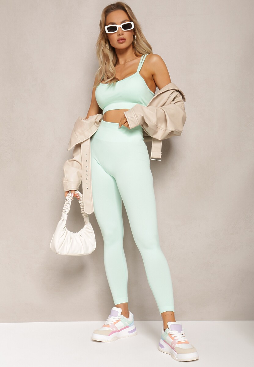 Miętowy Elastyczny Komplet Fitness Usztywniany Biustonosz i Legginsy z Gumką Orbinra