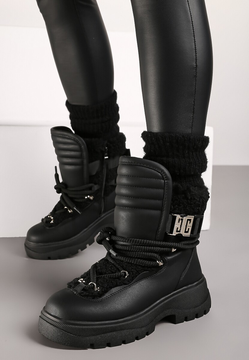Czarne Śniegowce z Futrzaną Cholewką z Klamrą Zdobione Grubym Sznurowaniem Reanwenna