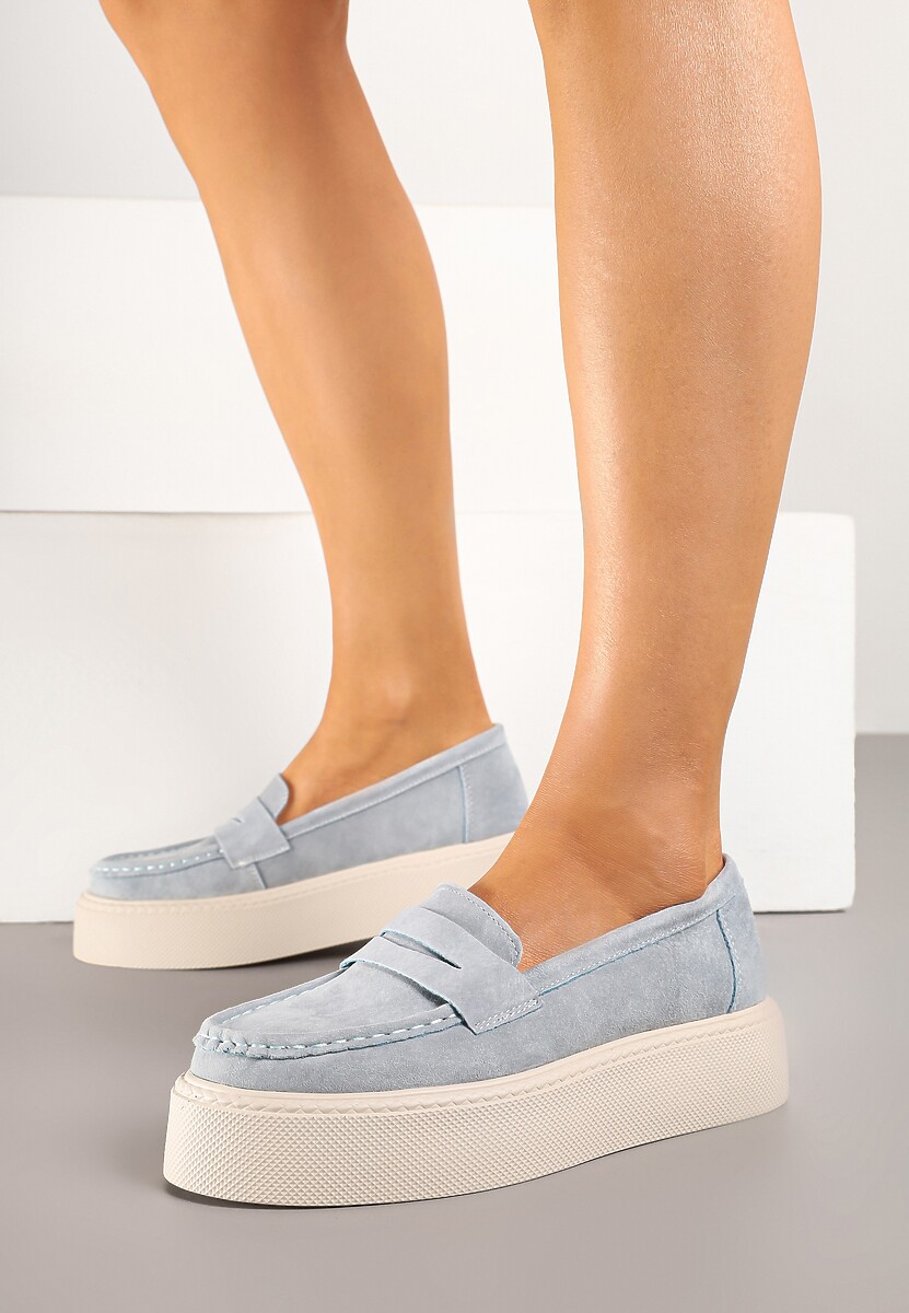 Jasnoniebieskie Mokasyny Skórzane na Platformie w Stylu Półbutów Sadawene
