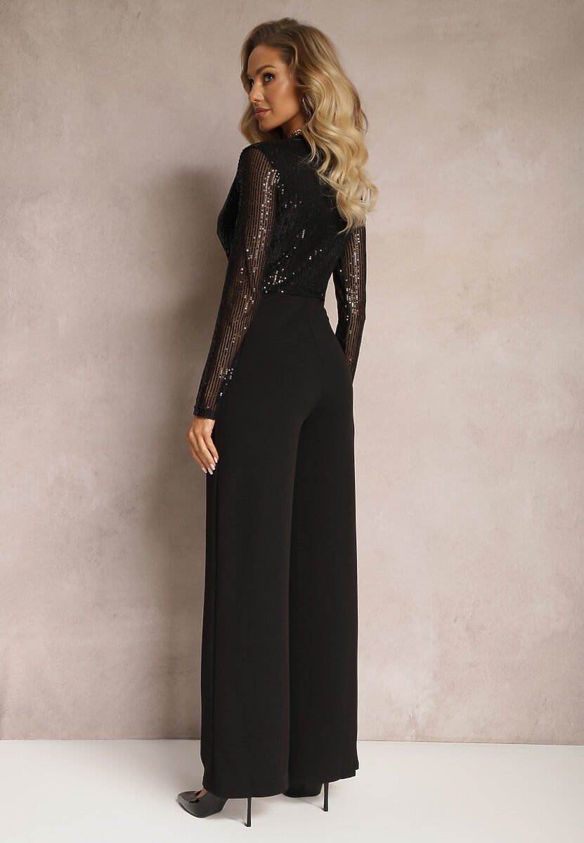 Czarny Długi Kombinezon w Cekiny z Kopertowym Dekoltem Campara