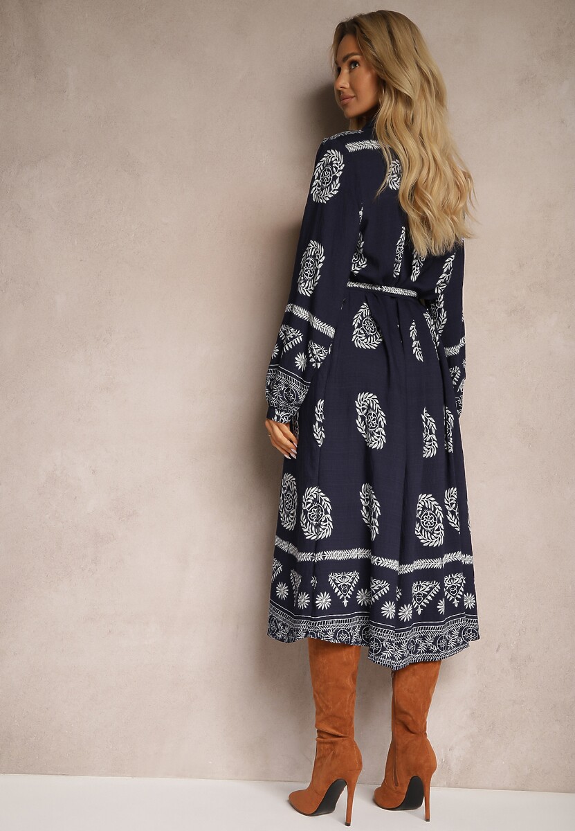 Granatowa Sukienka Koszulowa Wiązana w Pasie w Stylu Boho Rorisha