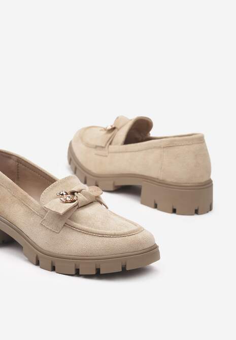 Beżowe Mokasyny na Grubej Podeszwie Ozdobione Kokardą i Wykończone Skórzaną Wkładką Ismerelle