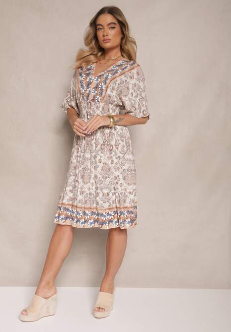 Ciemnobeżowa Wiskozowa Sukienka w Ornamentalny Print z Szeroką Gumką w Talii Danissna