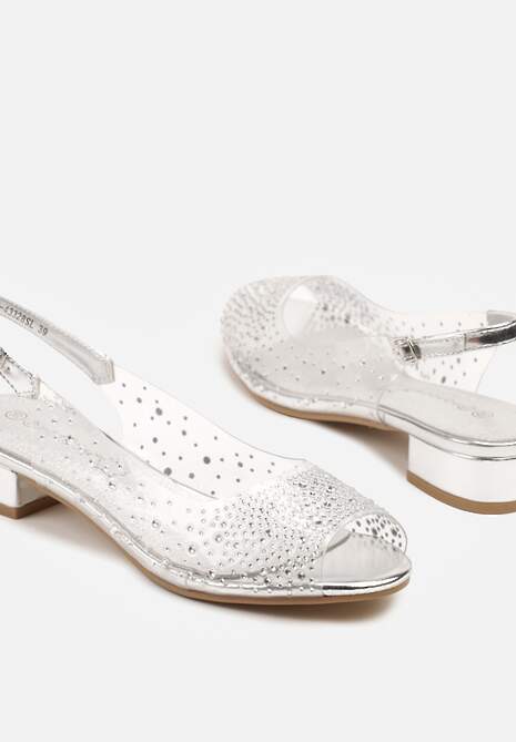 Srebrne Przezroczyste Sandały ze Skórzaną Wkładką Ozdobione Cyrkoniami Sadorise