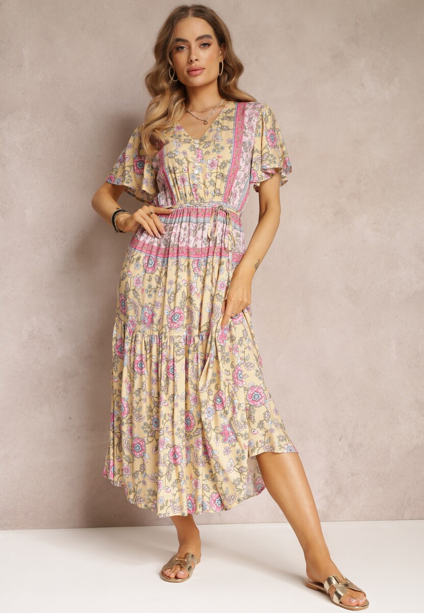 Żółta Kwiecista Sukienka Midi z Gumką w Pasie i Falbanką przy Rękawach Hachitane