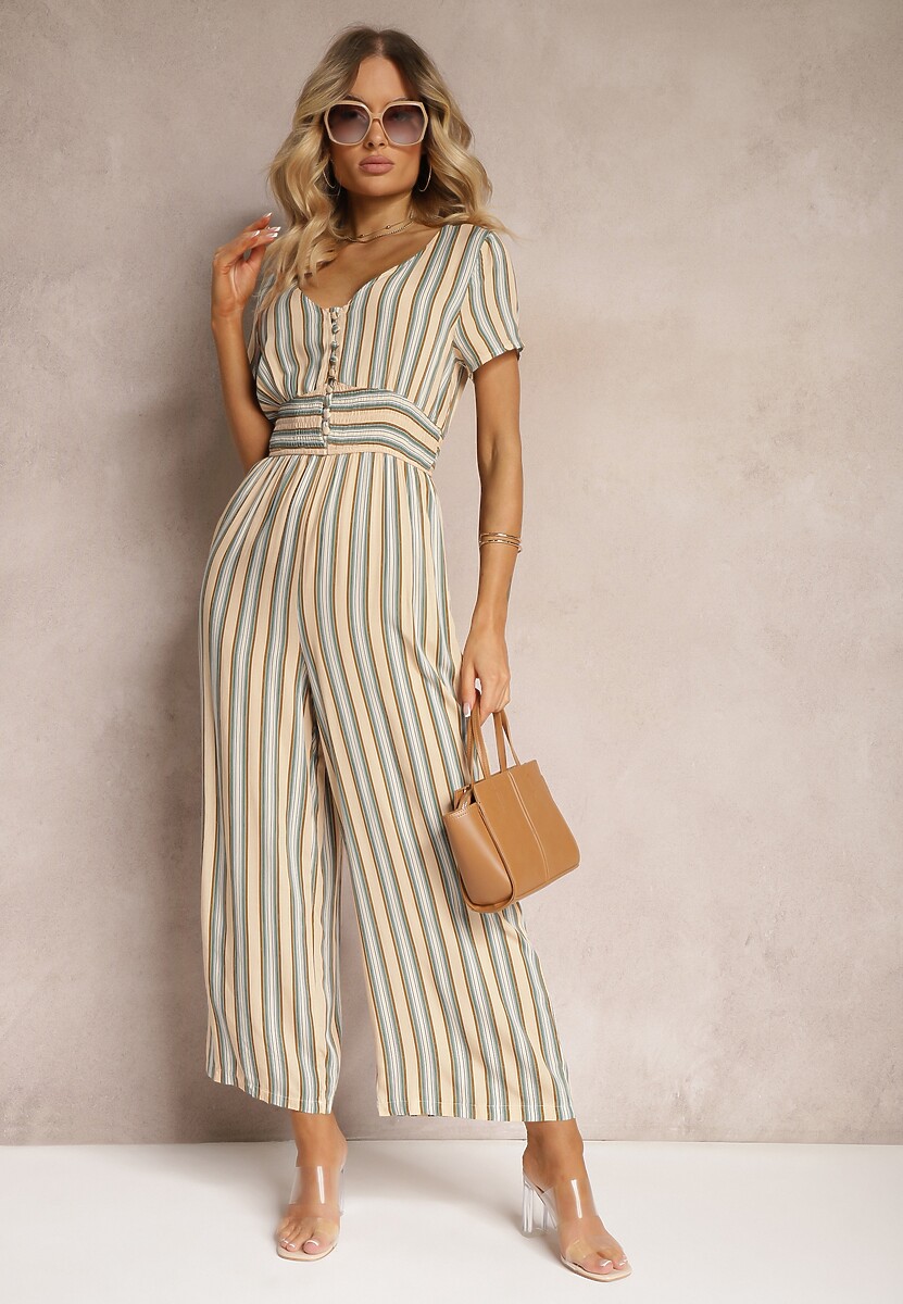 Niebieski Kombinezon z Wiskozy Wykończony Gumką w Talii i Guzikami przy Dekolcie Tinaviras