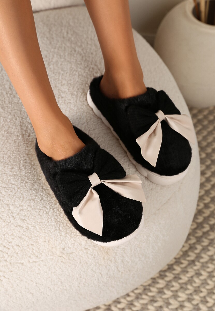 Czarne Kapcie z Dużą Kokardą i Futerkiem Naonelle