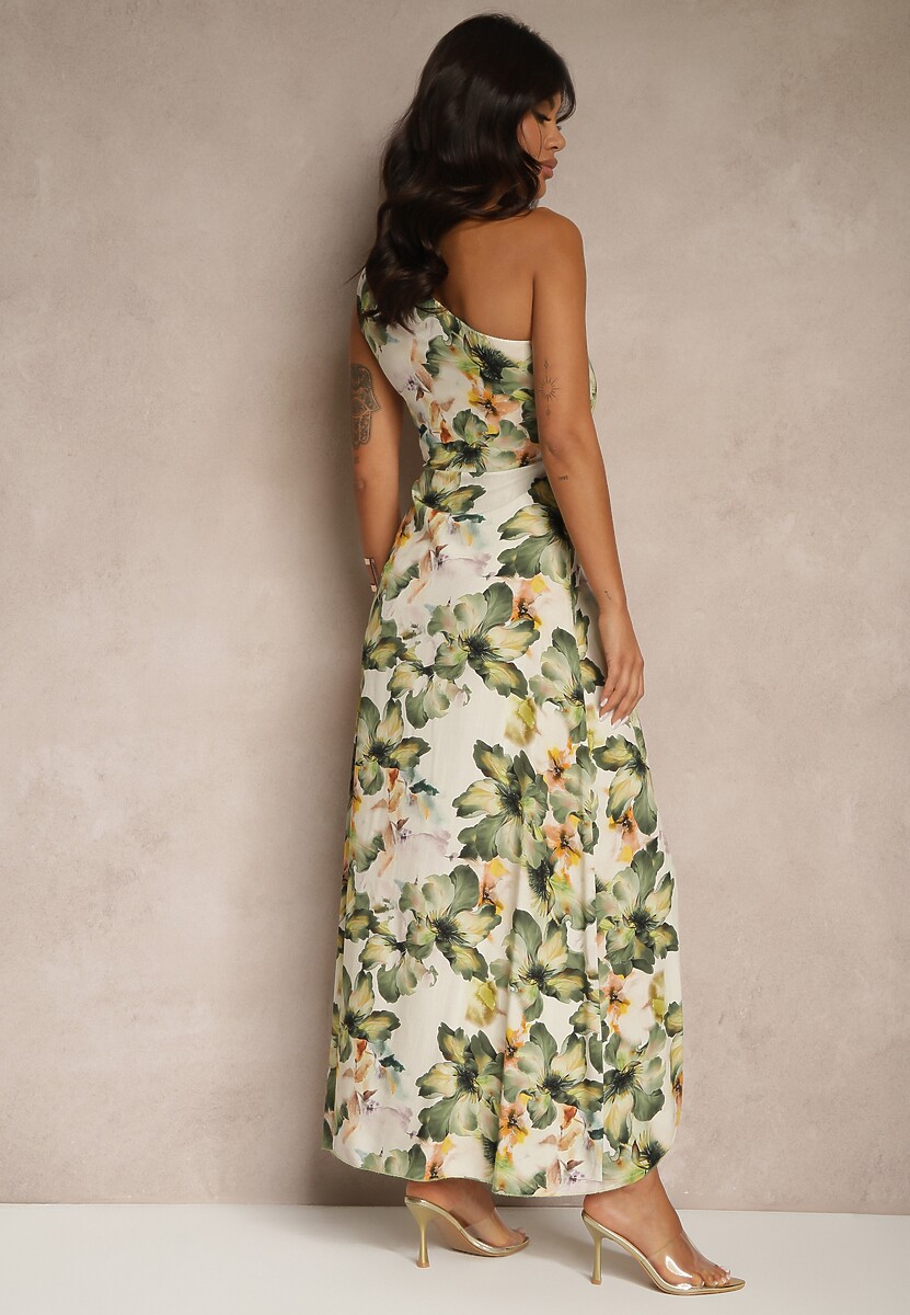 Ciemnozielona Asymetryczna Sukienka z Wiskozy w Kwiaty Linive