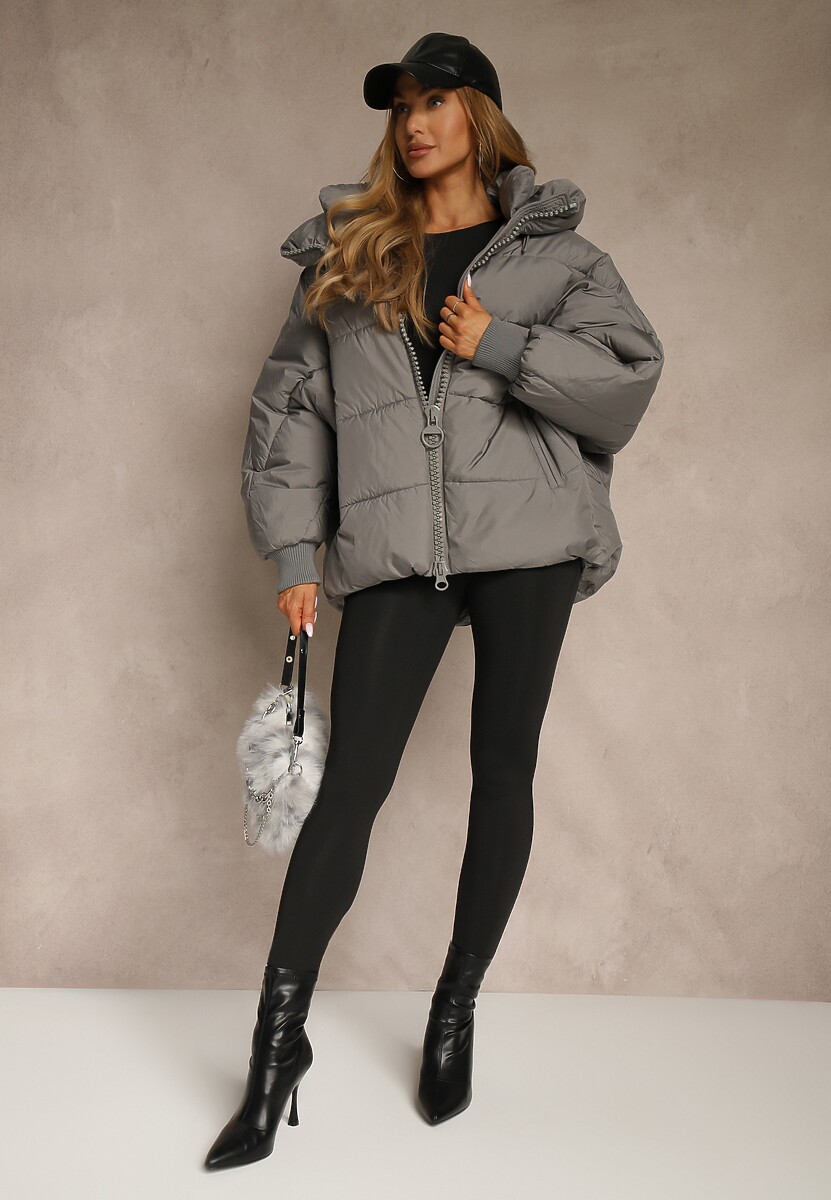 Szara Oversizowa Kurtka Puffer z Kaputrem Mevenassa