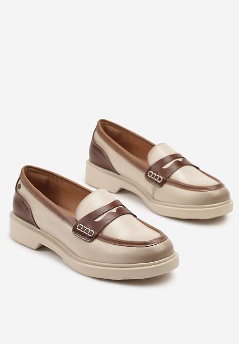 Beżowe Mokasyny ze Skóry Naturalnej Ozdobione Paskiem Halathiel