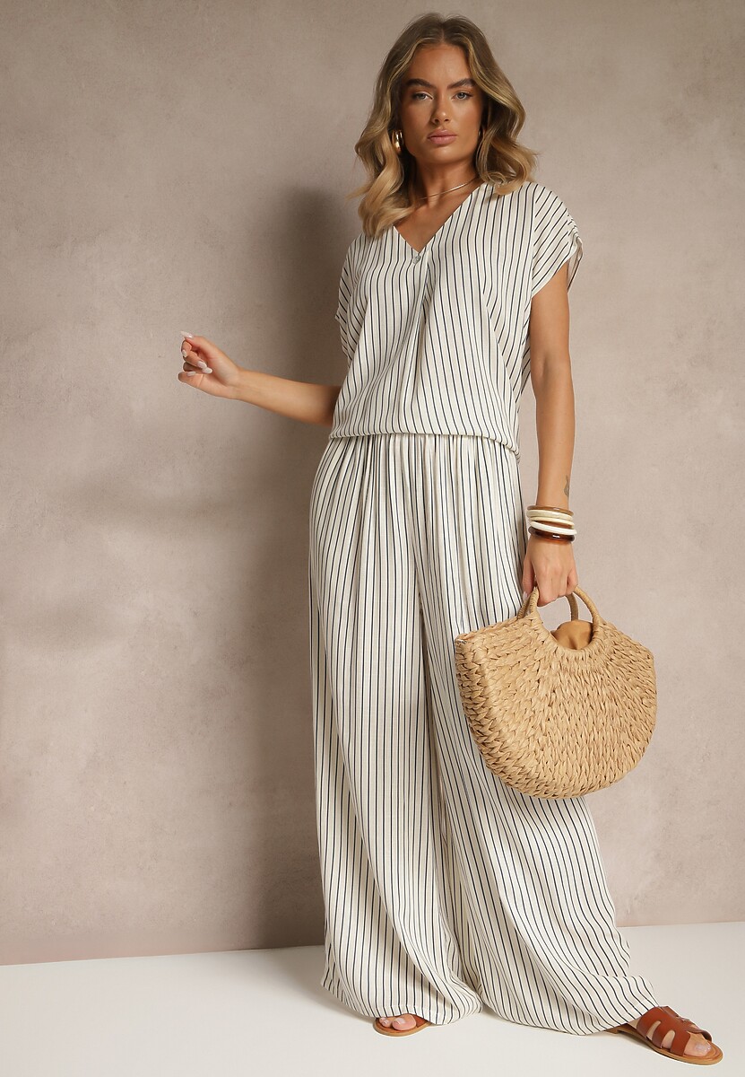 Biało-Granatowa Bluzka z Bawełny w Paski Ozdobiona Guzikiem Araluna