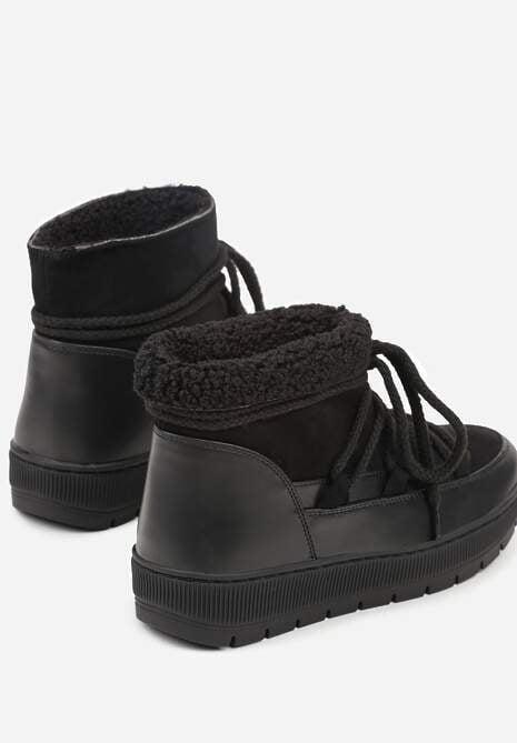 Czarne Sznurowane Śniegowce ze Wsuwaną Cholewką i Futerkiem Typu Baranek Mevirania