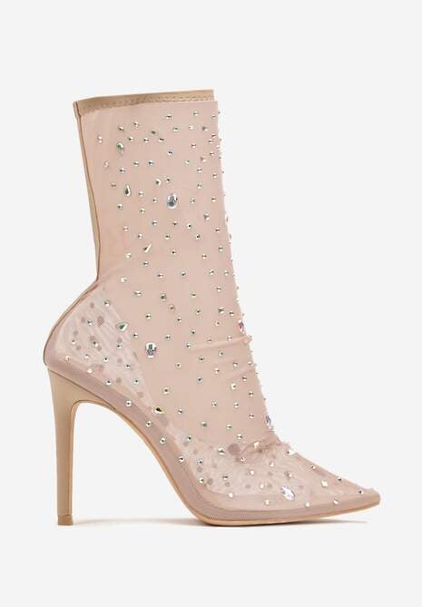 Beżowe Eleganckie Botki na Szpilce z Transparentną Cholewką i Cyrkoniami Felimora