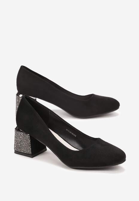 Czarne Czółenka na Słupku z Cyrkoniami i Wkładką ze Skóry Naturalnej Millu