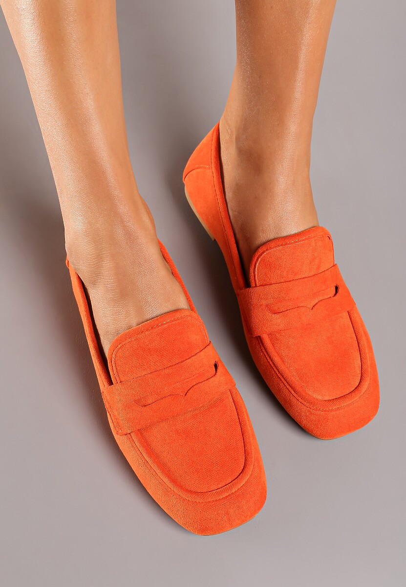 Pomarańczowe Casualowe Wsuwane Mokasyny na Płaskiej Podeszwie z Ozdobnym Elementem na Przodzie Janesstia