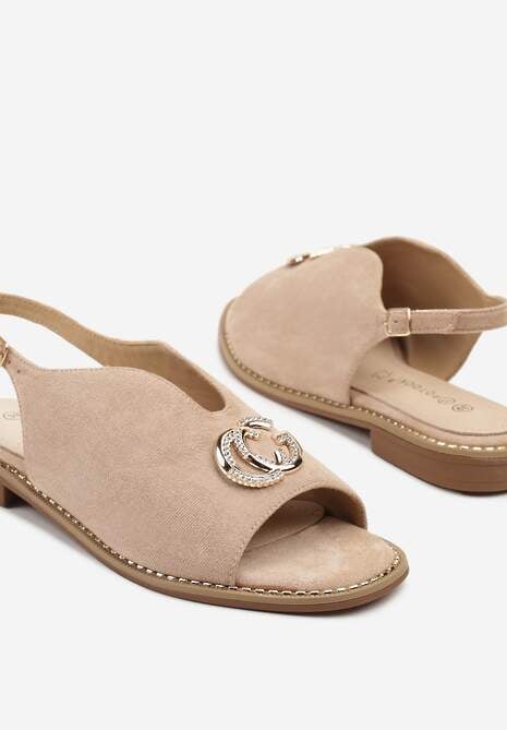 Beżowe Sandały z Wkładką ze Skóry Naturalnej z Metaliczną Aplikacją Sadise