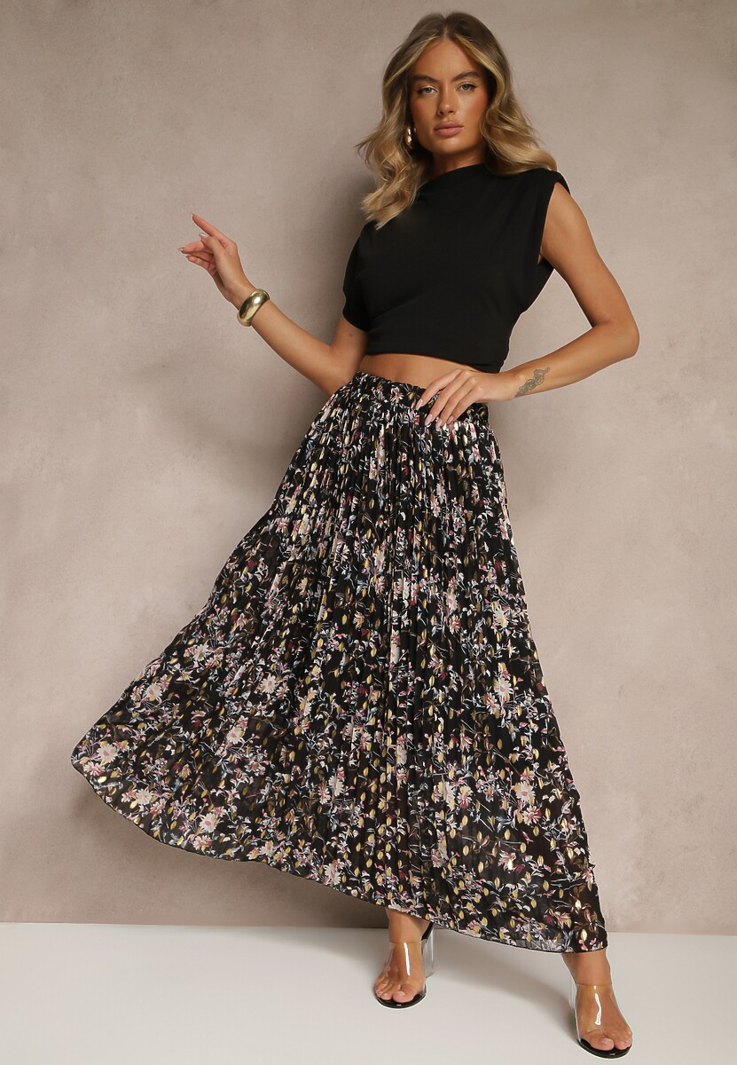 Czarna Kwiecista Spódnica Rozkloszowana z Plisami Zdobiona Metalicznym Nadrukiem Folonissa