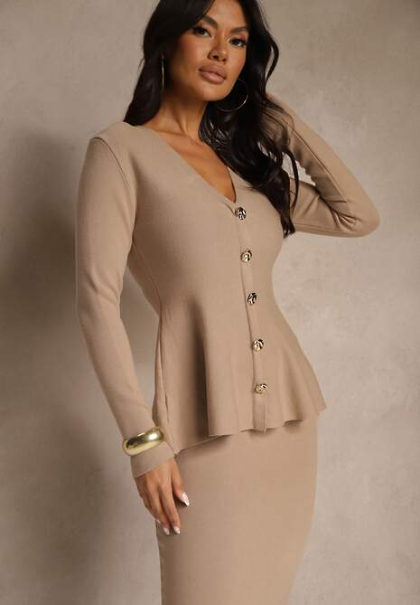 Beżowy Dzianinowy Komplet z Wiskozą Elegancki Kardigan i Spódnica Unalaia