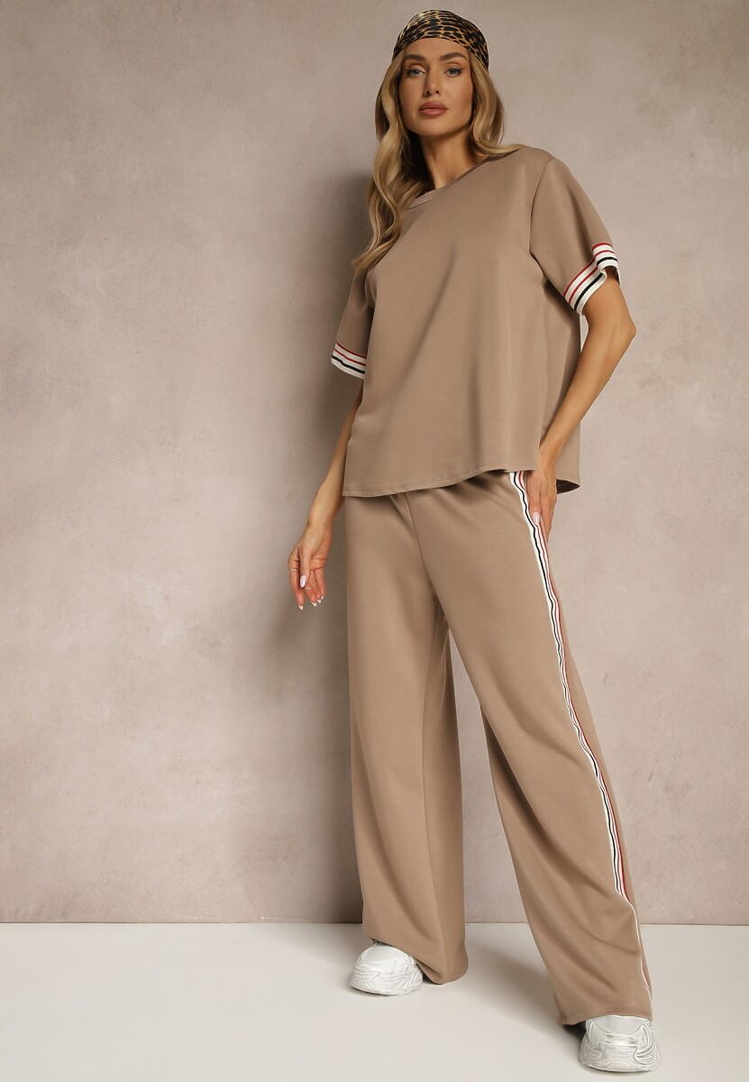 Beżowy Komplet z Wiskozą Bluzka Ozdobiona Paskami i Szerokie Spodnie Nilassea