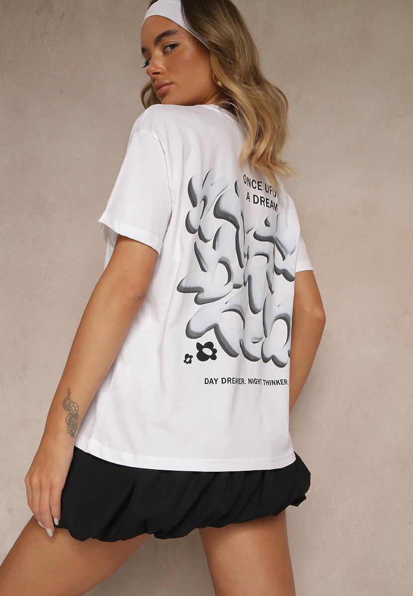 Biało-Różowy T-shirt z Bawełny Ozdobiony Nadrukiem Adneria