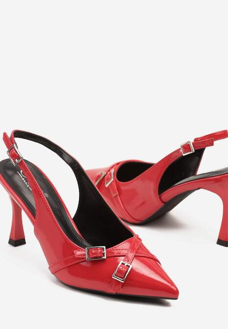 Czerwone Sandały Lakierowane na Szpilce z Ozdobnymi Klamrami Delaiona