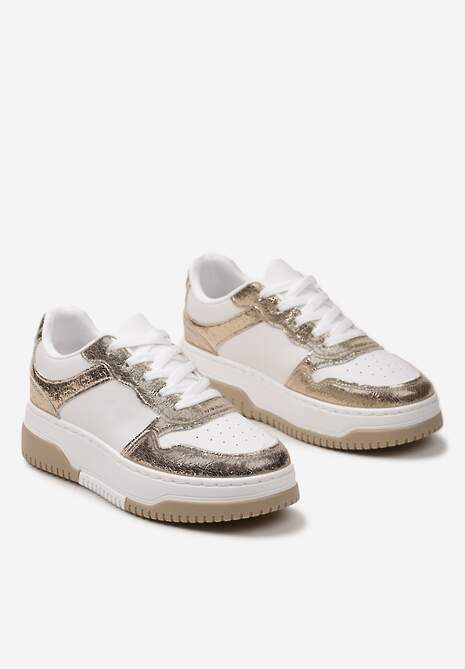 Złoto-Białe Sneakersy na Niskiej Platformie z Ozdobnymi Przeszyciami Huviena