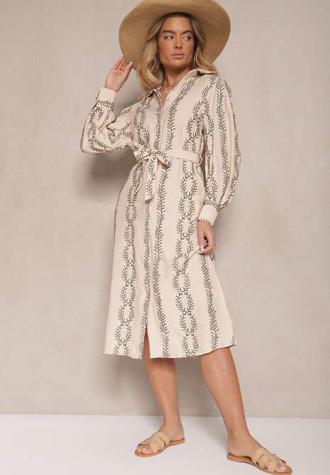 Beżowa Wiskozowa Sukienka o Koszulowym Kroju z Haftem i Wiązanym Paskiem Salliene
