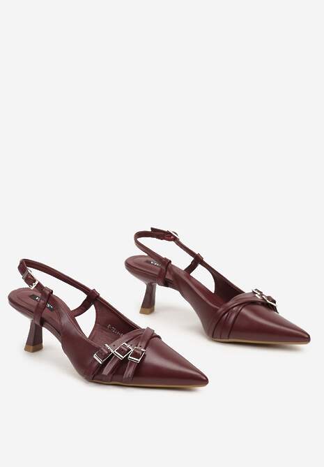 Bordowe Czółenka z Noskiem w Szpic na Obcasie Kaczuszce z Dekoracyjnymi Klamrami Sinitte