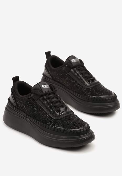 Czarne Sneakersy na Platformie z Wkładką ze Skóry Naturalnej z Cyrkoniami Arvisne