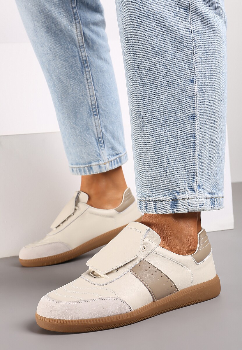 Beżowe Sneakersy na Płaskiej Podeszwie ze Skóry Wykończone Zamszową Wstawką Milirae