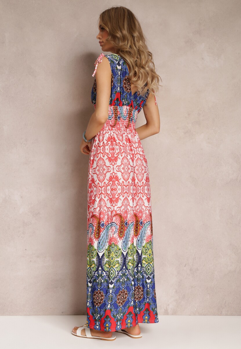 Czerwono-Granatowa Sukienka Maxi w Stylu Boho z Gumką w Pasie Bernette