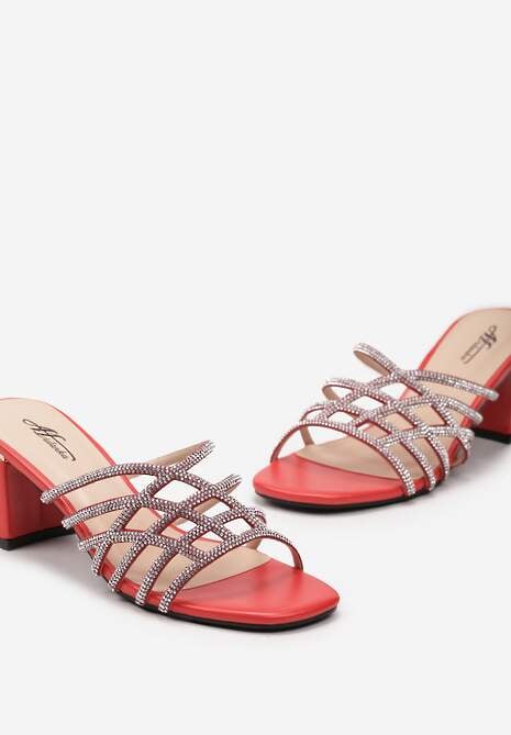 Czerwone Klapki na Obcasie z Cyrkoniami na Paskach Niamtia